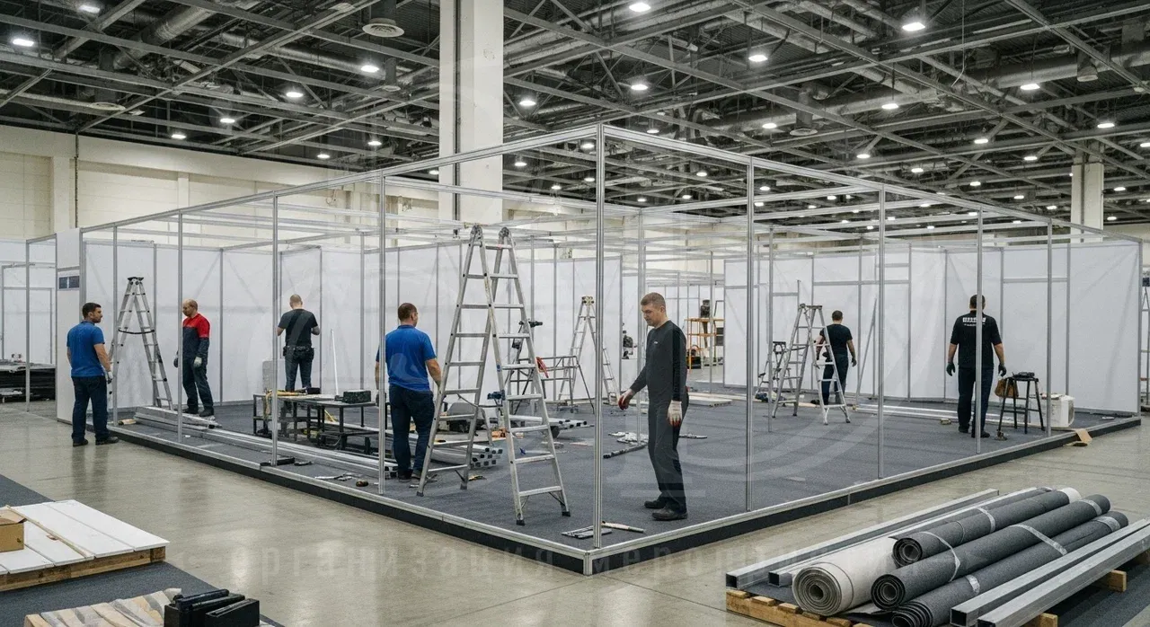 Профессиональная застройка на площадке для выставки Организация экспозиции выставки: монтаж оборудования, стендов