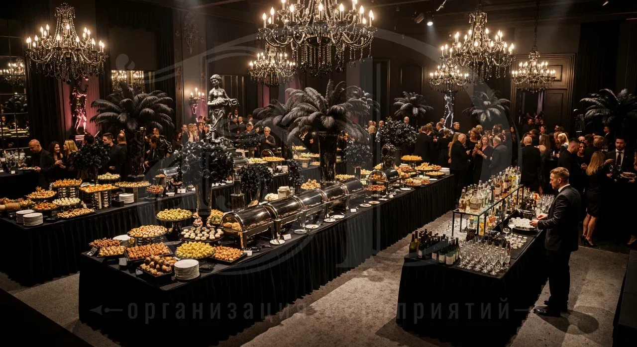 Вечеринка в стиле тотал блэк: сервировка столов для фуршета
