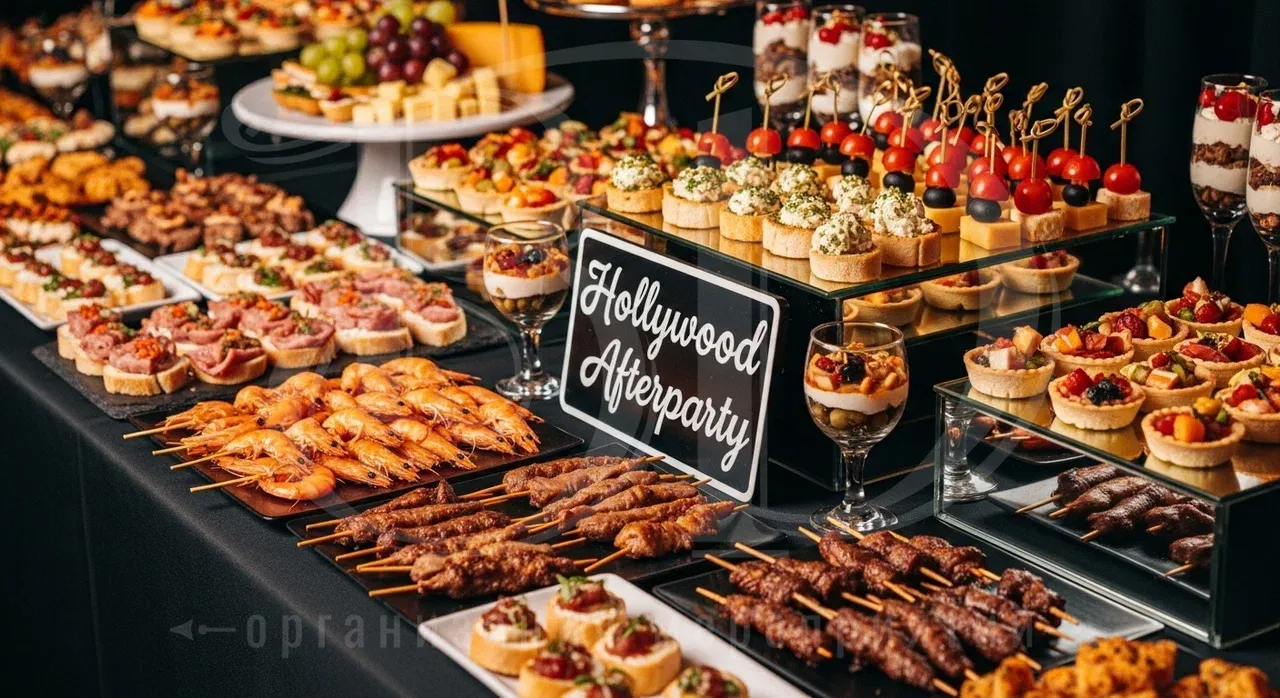 Угощения для гостей вечеринки в стиле Звёзды Голливуда Банкетное меню или фуршетные закуски для гостей вечеринки в стиле Голливуд