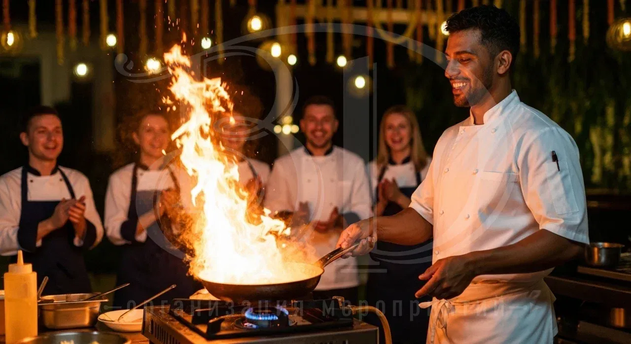 Шоу с огнём от шеф-повара на кулинарном корпоративе