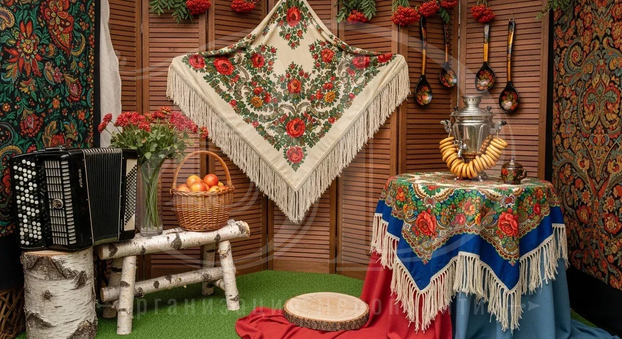 Павловопосадские платки в оформлении фотозоны на корпоративе в русском стиле Павловопосадские платки в оформлении фотозоны для корпоратива по-русски