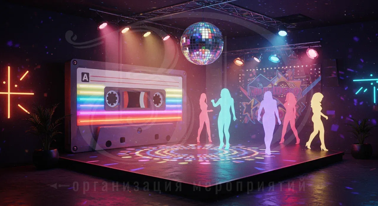 Оформление сцены, фотозон и пространства на вечеринке 80-х Декорирование пространства для вечеринки в стиле 80-х