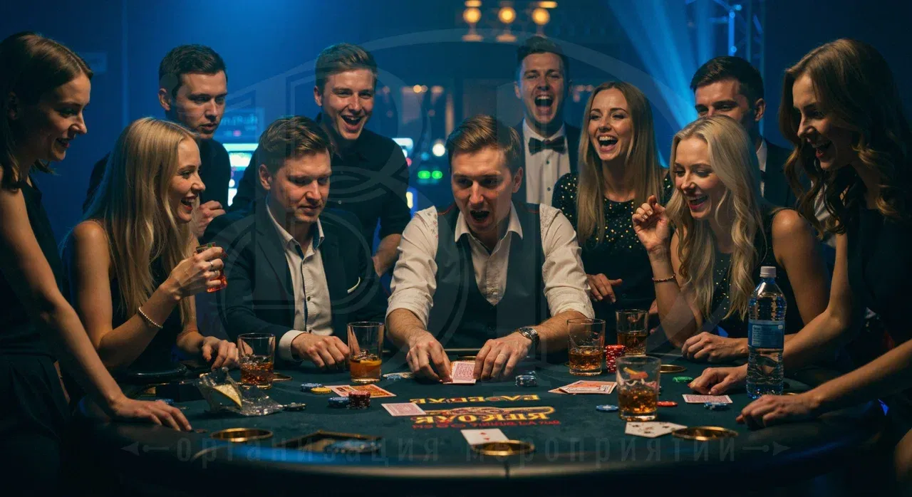 Развлечение гостей на вечеринке в стиле казино Увлечённые гости на вечеринке в стиле казино