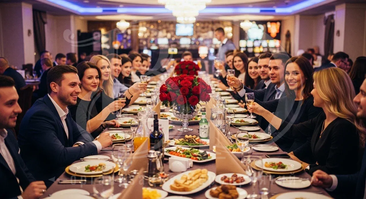 Вечеринка в стиле казино Лас-Вегаса: банкет для гостей мероприятия Банкет на вечеринке в стиле казино Лас-Вегаса