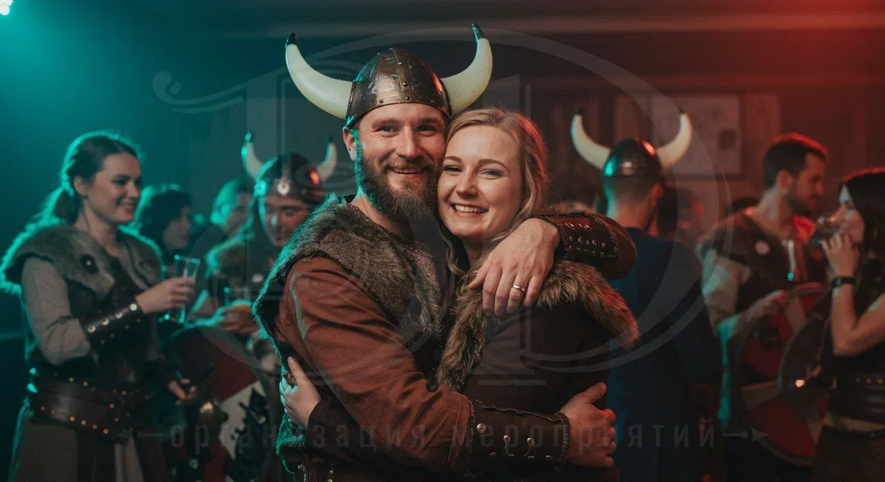 Образы гостей event-мероприятия в скандинавском стиле Гости на вечеринке викингов в отличном настроении