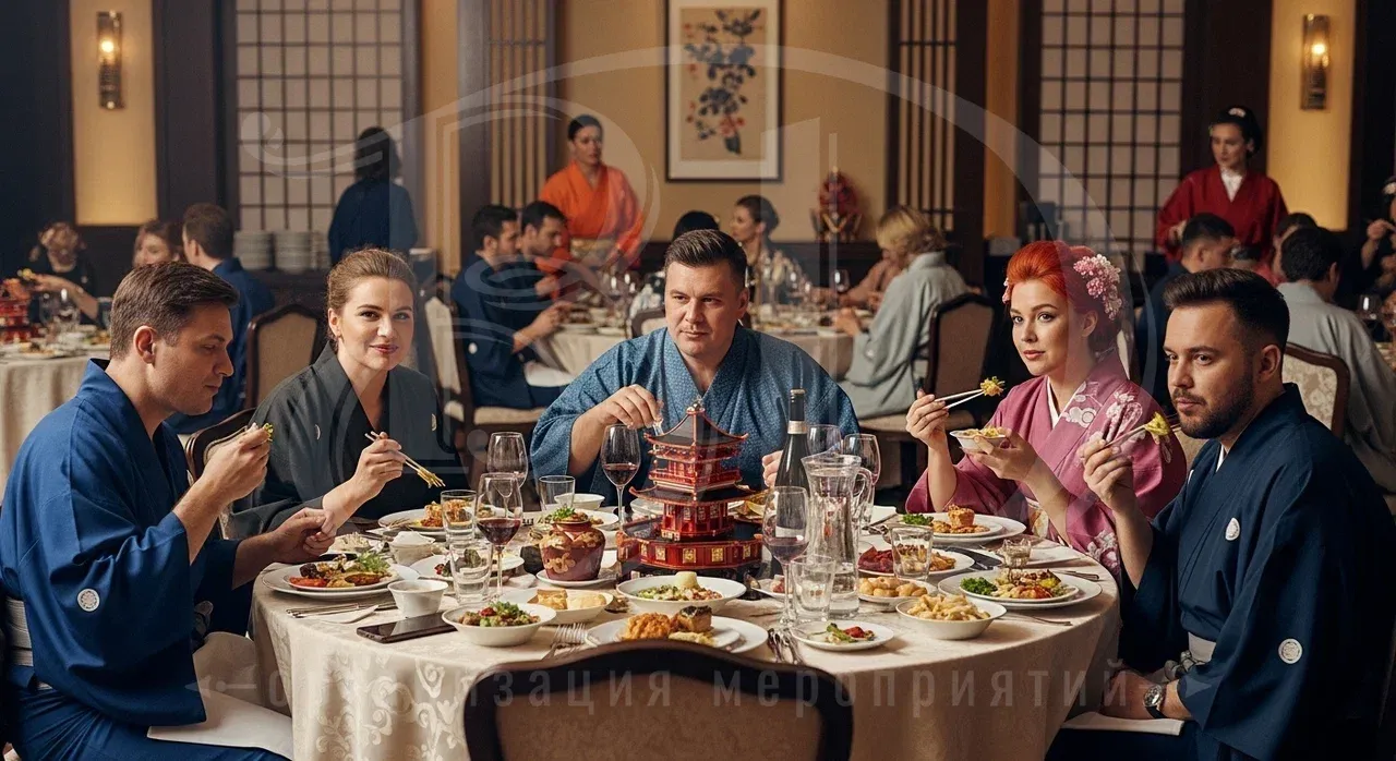 Банкет для гостей на японской вечеринке Банкет для гостей на вечеринке в японском стиле