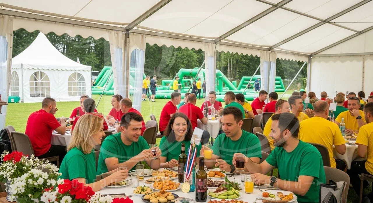 Угощения для участников тимбилдинга в комбинированной концепции: спортивная программа и банкет на природе Банкет для участников тимбилдинга: вариант на природе в тёплое время года