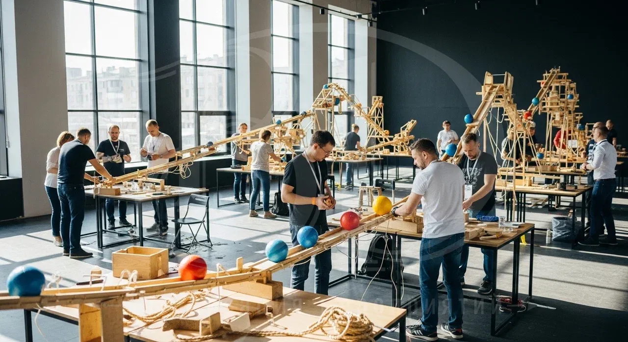 Участники тимбилдинга Машина Голдберга конструируют участки цепи Тимбилдинг Цепная реакция