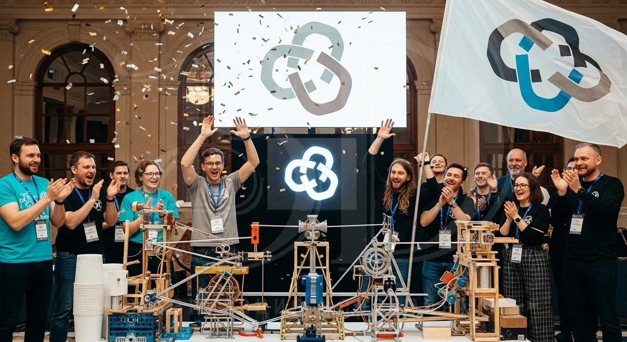 Участники тимбилдинга Машина Голдберга довольный финалом цепной реакции Тимбилдинг Машина Голдберга: яркий финал цепной реакции