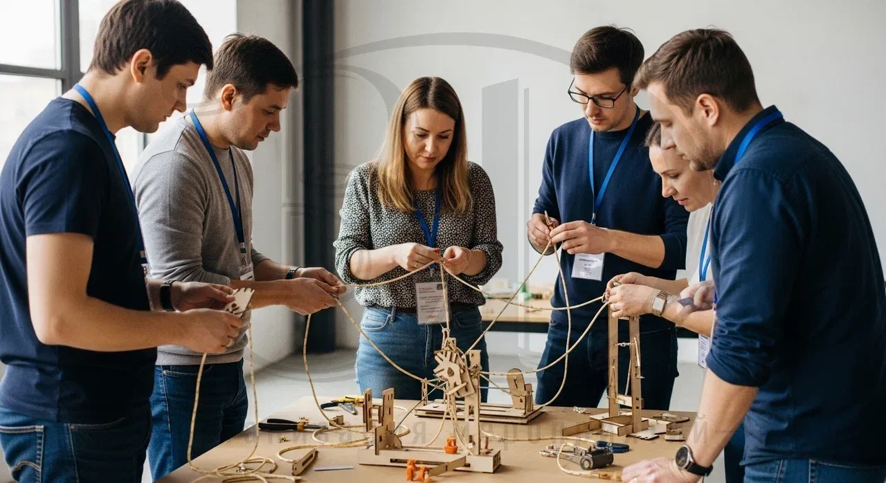 Участники тимбилдинга в процессе создания Машины Голдберга