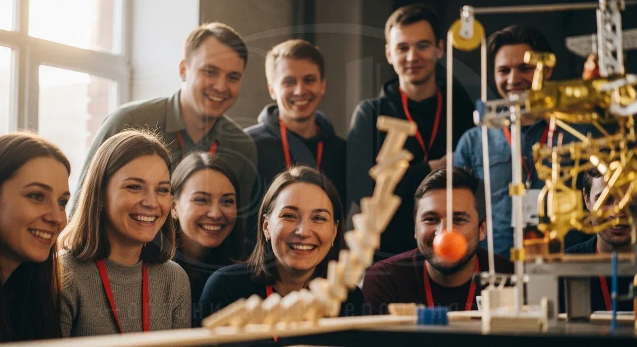 Участники тимбилдинга по созданию цепной реакции довольны своими результатами